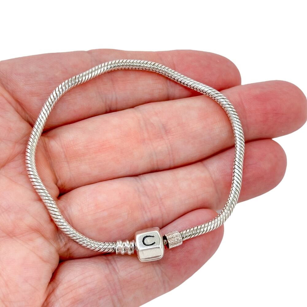 Vintage Cham Sterling Silver 925 Snake Chain Barrel Clasp Charm Bracelet 7.25"